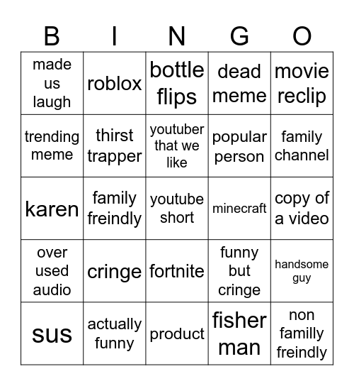 youtube short bingo Card