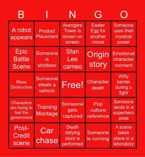 Marvel Movie Bingo Card