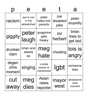 Family Guy Bingo Card