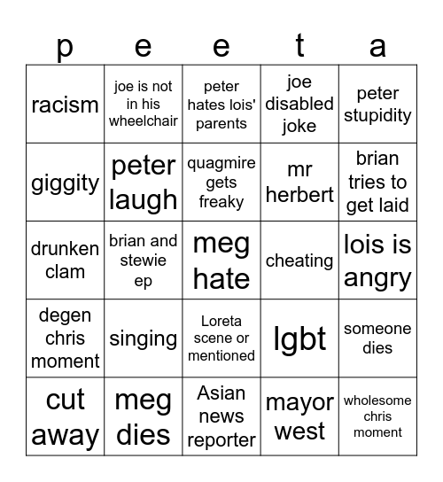 Family Guy Bingo Card