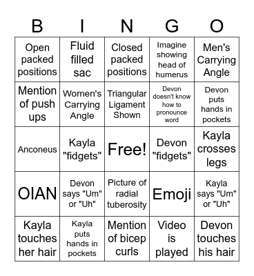 Elbow & Forearm Bingo Card