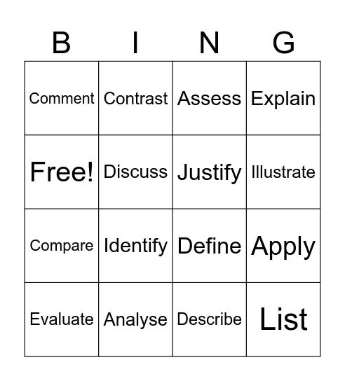 HHD Command Terms Bingo Card