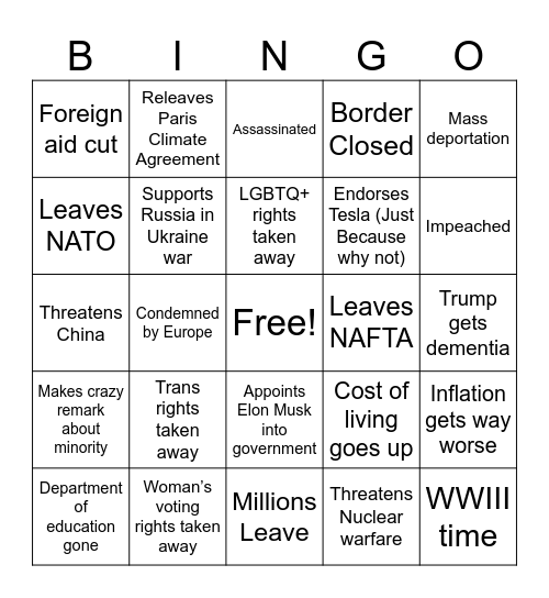 Trump Presidential nonsense Bingo Card