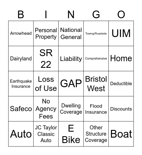 Insurance Bingo Card