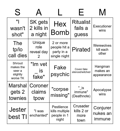 Town of Salem 2 Bingo Card