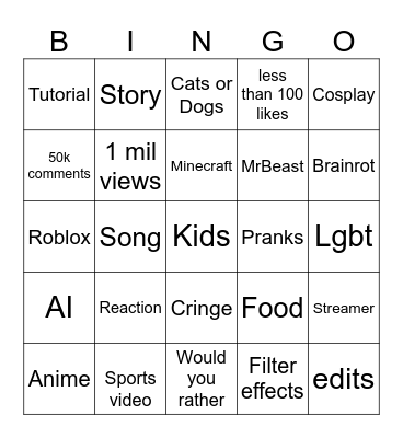 YouTube shorts Bingo Card