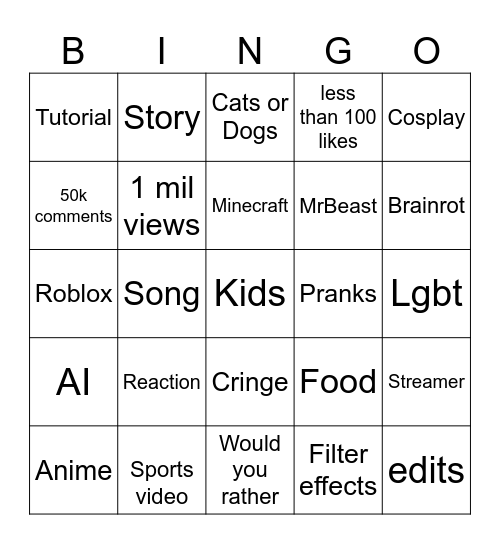 YouTube shorts Bingo Card