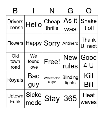 Pop Music Bingo Card