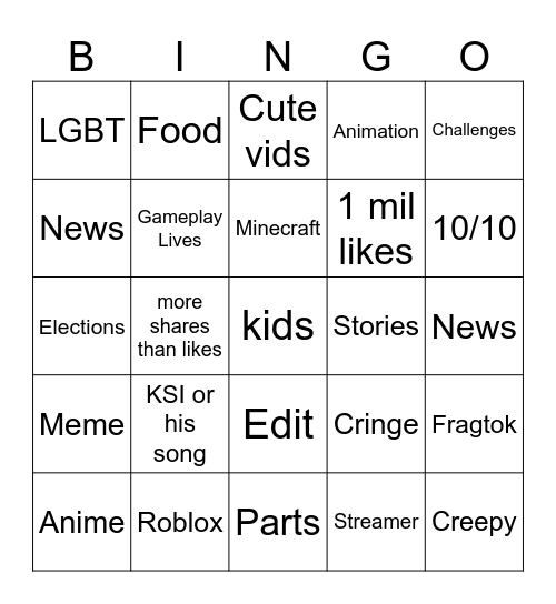 Tik Tok Bingo Card