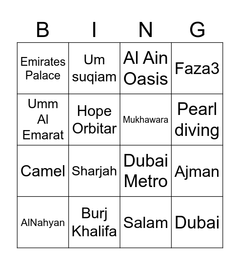 Emirati Bingo Card