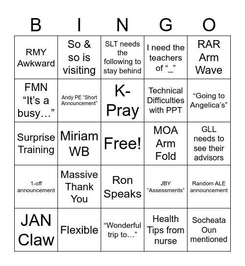 Monday Meeting Bingo Card