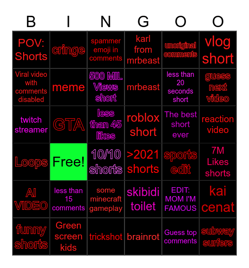 Hardcore youtube shorts Bingo Card