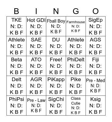Frat Bingo Card