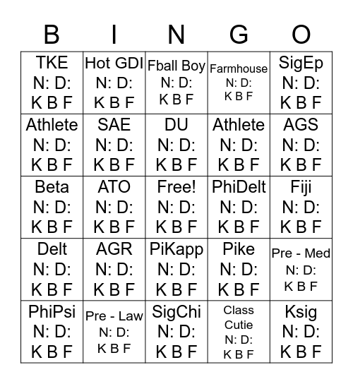 Frat Bingo Card