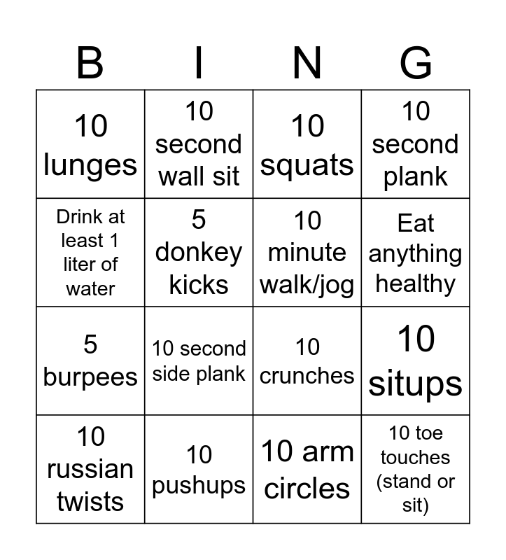 Exercises: Basic (No Equipment) Bingo Card
