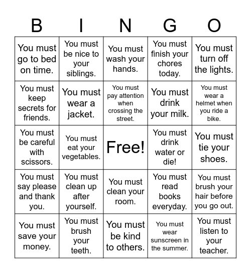 You must . . . Bingo Card