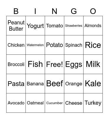 Nutrition Bingo Card