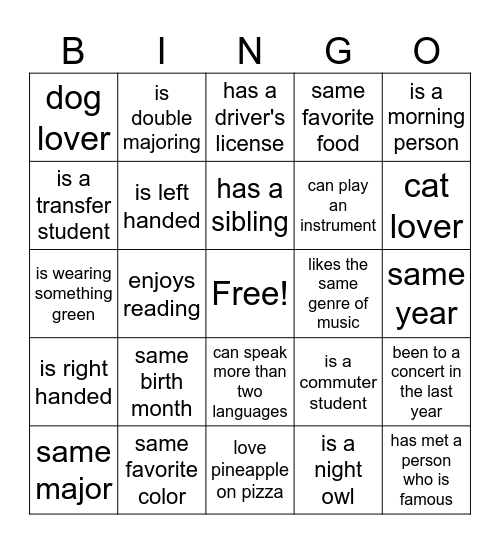 Speed Friending Bingo Card