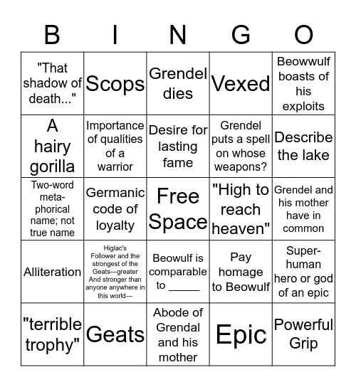 Beowulf Bingo Card