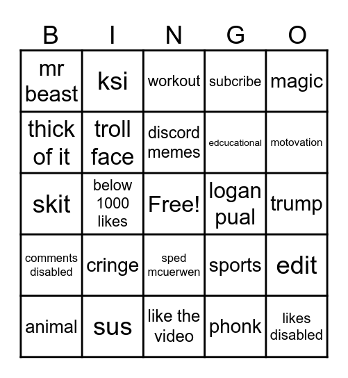 youtube shorts bingo Card
