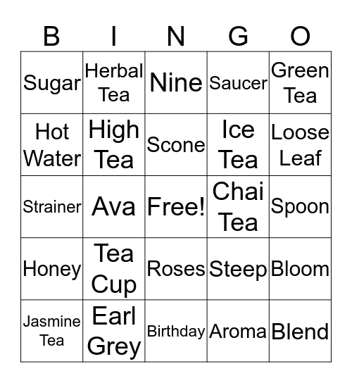 Ava's Tea Party Bingo Card