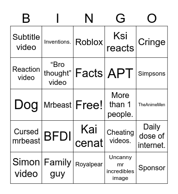 Youtube shorts Bingo Card