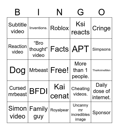 Youtube shorts Bingo Card