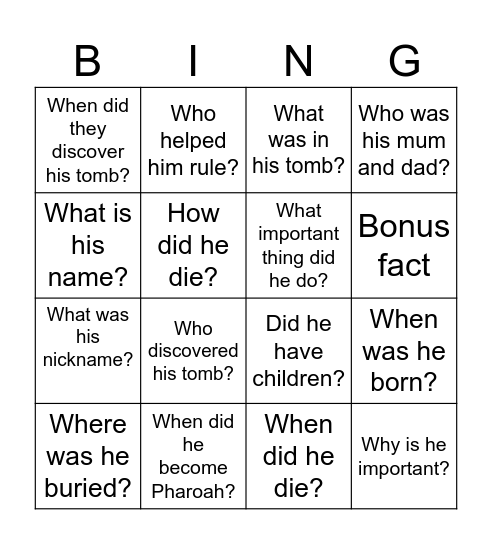 Tutankhamun Bingo Card