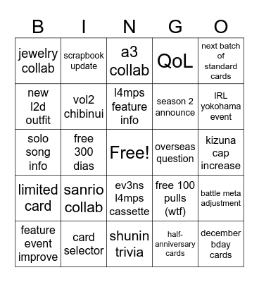 18trip half anni stream Bingo Card