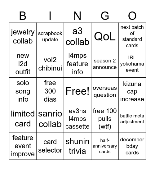 18trip half anni stream Bingo Card