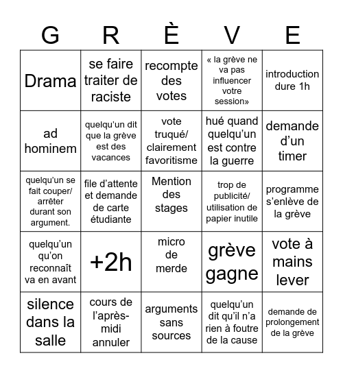 Vote de grève Bingo Card