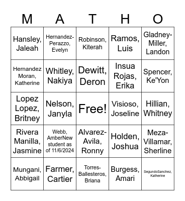 Amigo MATHO Bingo Card