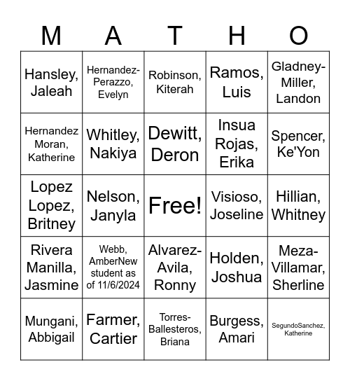 Amigo MATHO Bingo Card