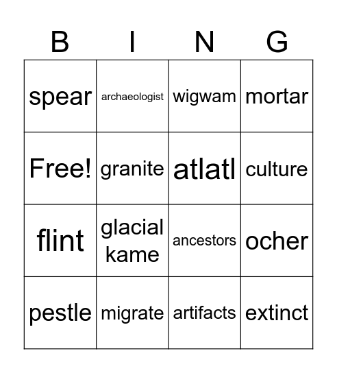 Paleo and Archaic Bingo Card