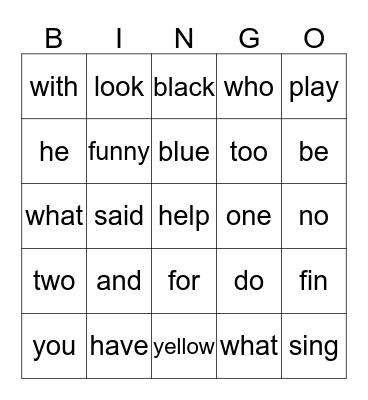 Sight Word Bingo Card