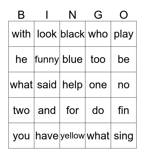 Sight Word Bingo Card