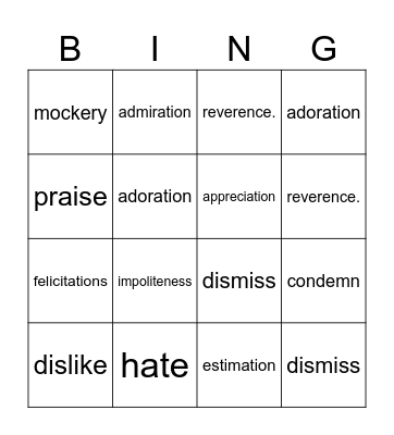 Respect Me Bingo Card