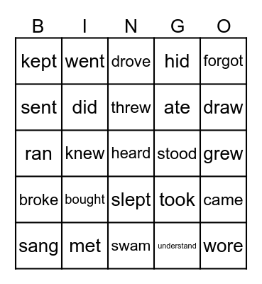 Irregular Verbs Bingo Card