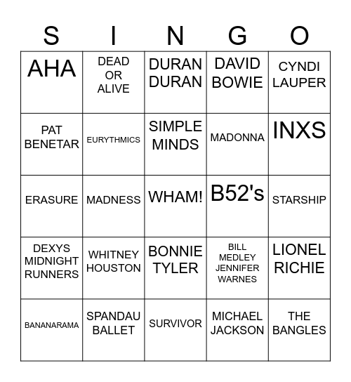 1980's Artists Bingo Card