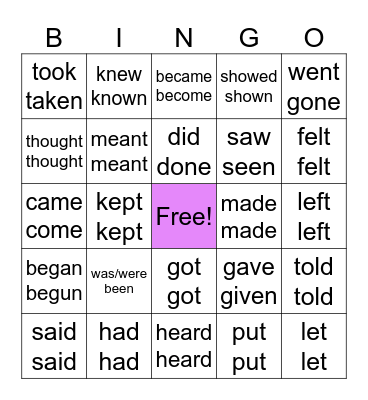 Irregular Verbs Bingo Card