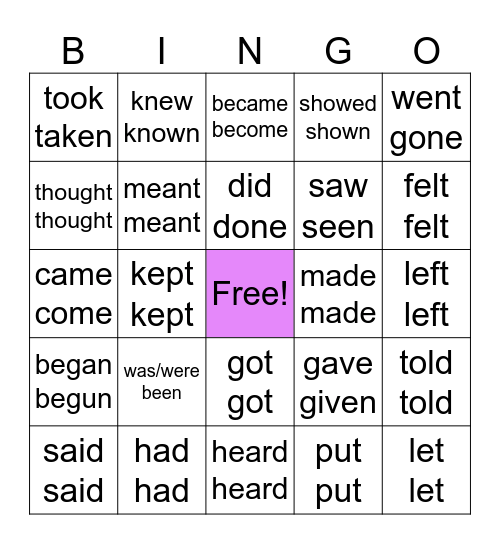 Irregular Verbs Bingo Card