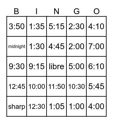 Telling time in Spanish Bingo Card
