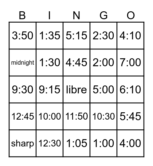 Telling time in Spanish Bingo Card