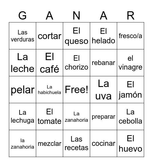La Comida Callejera (ENG-->SPA) Bingo Card