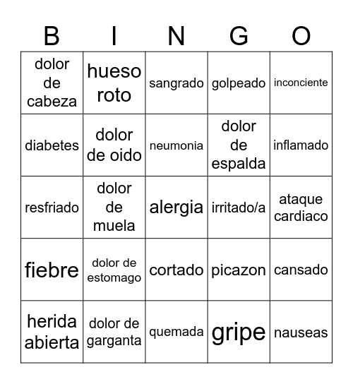 Vocabulario de Salud Bingo Card