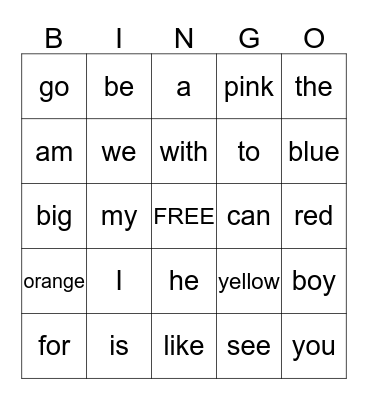 SIGHT WORDS:  JAMYA Bingo Card