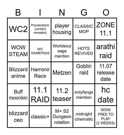 Warcraft Direct Bingo Card