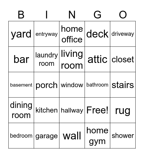 Level 1 B Rooms in the House Calling Cards Bingo Card