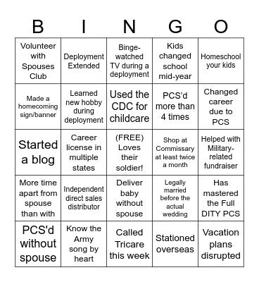 Military Spouse BINGO Card