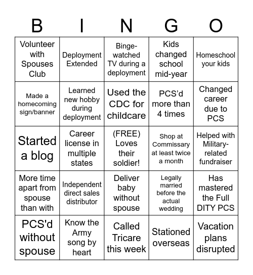 Military Spouse BINGO Card